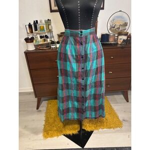 Vintage Southwest Plaid Button Front Midi Skirt Teal Red Purple Black